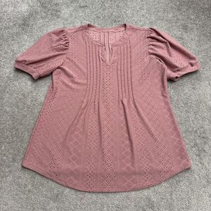 Micoson Eyelet Puff Sleeve Blouse Womens Large Pink Pleated Casual Boho Summer